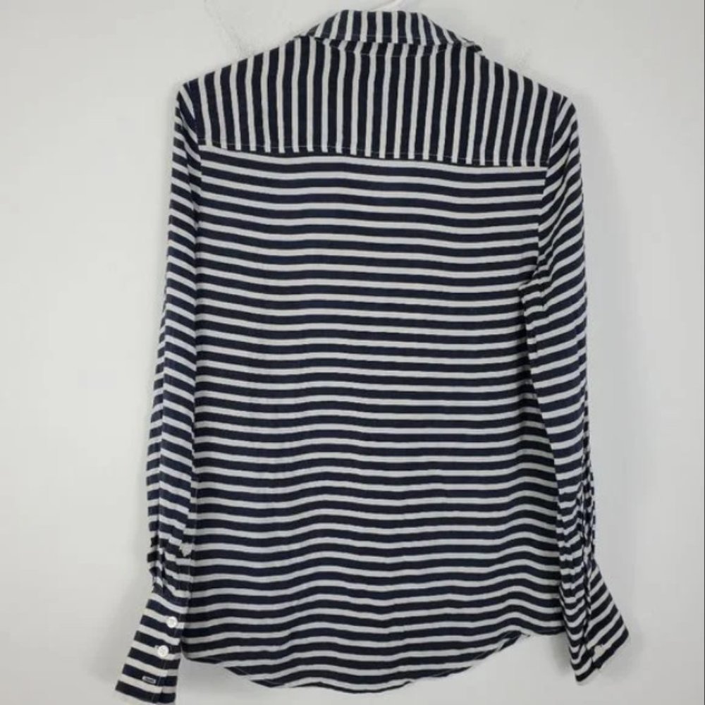 J. Crew Silk Button Up Womens Size XS Blue & White Stripe Nautical Beachy Preppy - Picture 3 of 4